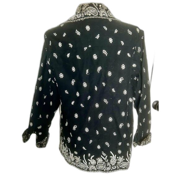 B&W Quacker Factory Black Handkerchief Print Beaded Embroidered Jacket Size S - Picture 2 of 8